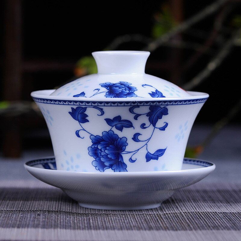 Gaiwan Sancai Chinois Porcelaine Bleu Blanc – 170 G, Fil Doré, Motif Floral Délicat – Bol Thé Kung Fu 120 Ml Avec Couvercle & Soucoupe
