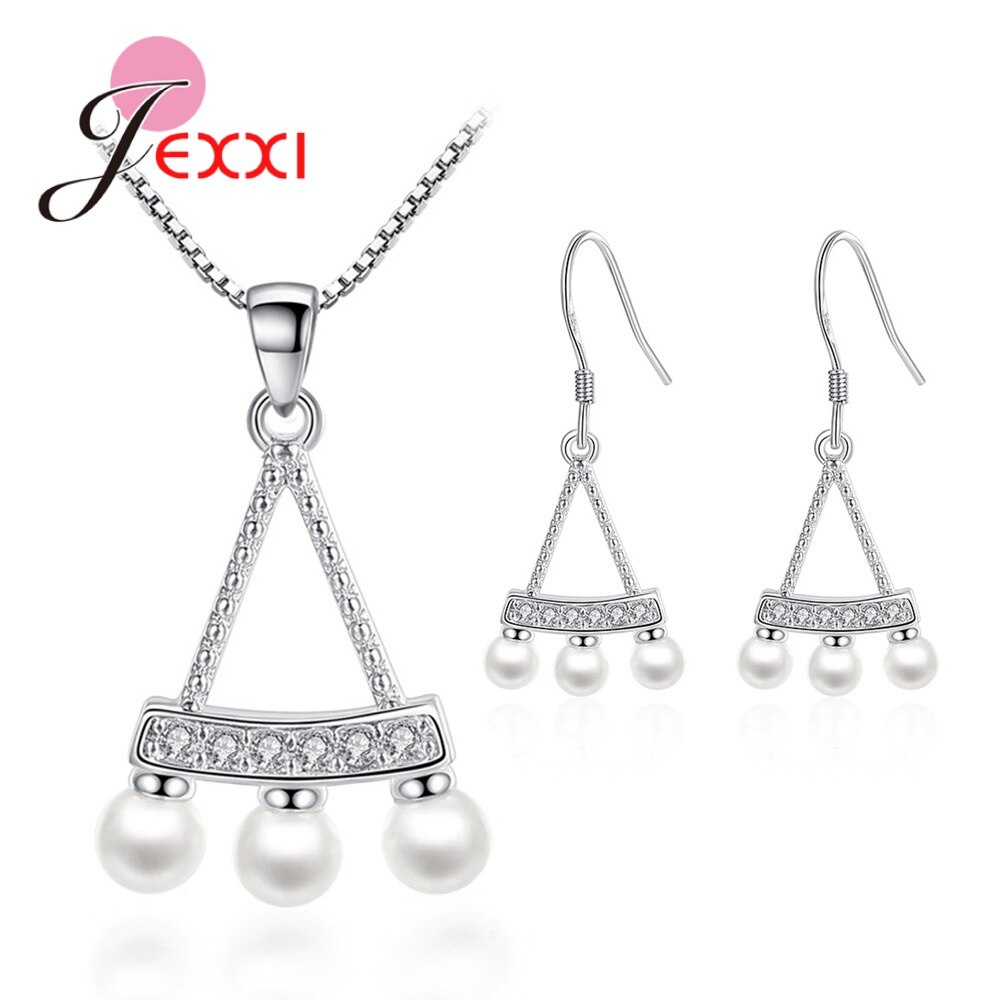 Women Freshwater Pearl Jewelry Sets 925 Sterling Silver Round Pearl Pendant Necklace Earrings Sets For