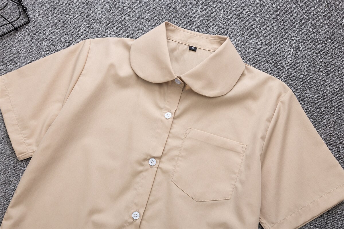 Uniforme de Escuela Japonesa para niña y niño, camisetas para la escuela, Camisa de algodón de manga corta, XS-5XL grande, albaricoque, caqui, Uniforme de Trabajo