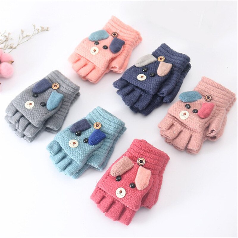 Winter Christmas Kids Warm Gloves Primary School Cashmere Knit Flip Half Finger Gloves Cartoon Mittens For Boys Girls 6-12Y