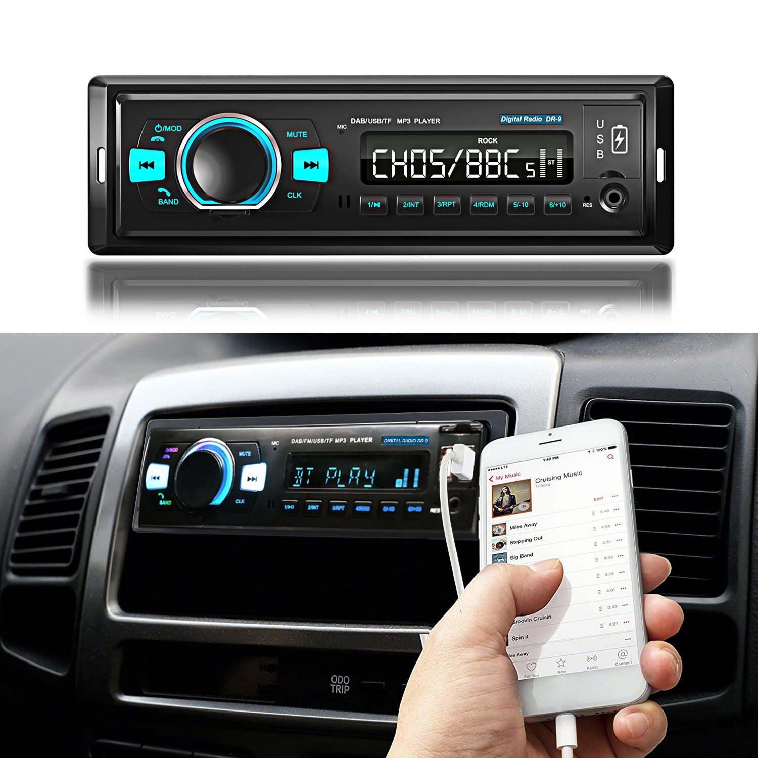 1 Din Car Navigation Player Radio Stereo Car Digital Radio System BT Car Audio Player, In-dash FM with DAB/DAB+/FM Receiver