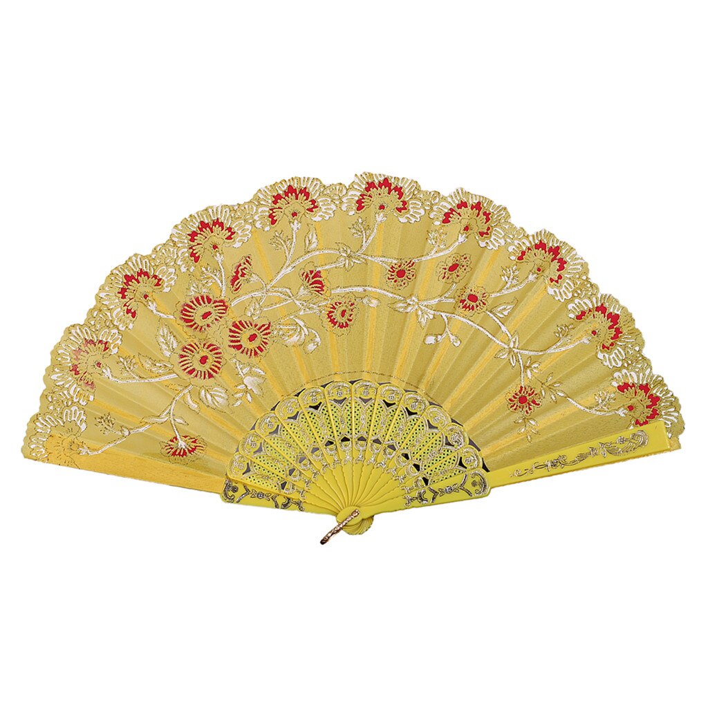 Fãs de flores do vintage bordado estilo chinês dança festa casamento mão fã rendas seda dobrável realizada flores ventilador abanico navio da gota: YELLOW