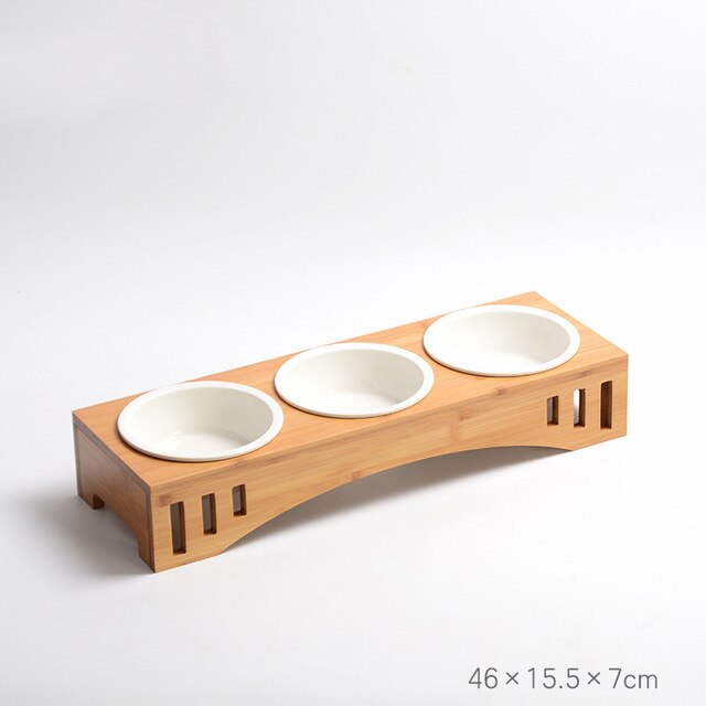 Solid Wood Pet Dining Table Bowl Pet Wooden Tilted Feeders Dog cat Anti-slip Three Bowls Cat Dish with Slope Stand(Heighten): HeightenThreeBowls