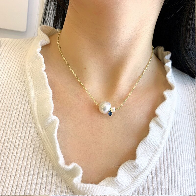 DAIMI Pearl Necklace Blue Zircon 11-12mm Round Pearl Pendant Necklace For Women