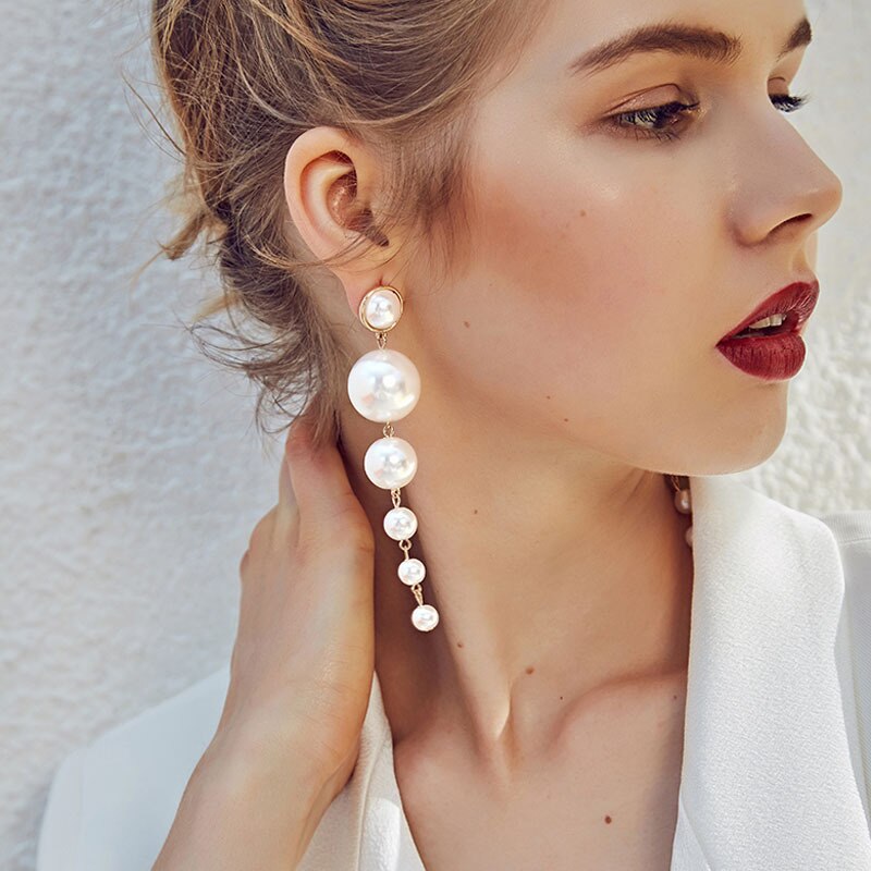 IPARAM tendencia perla simulada pendientes largos de mujer perla redonda blanca boda colgante pendientes coreana joyería pendientes