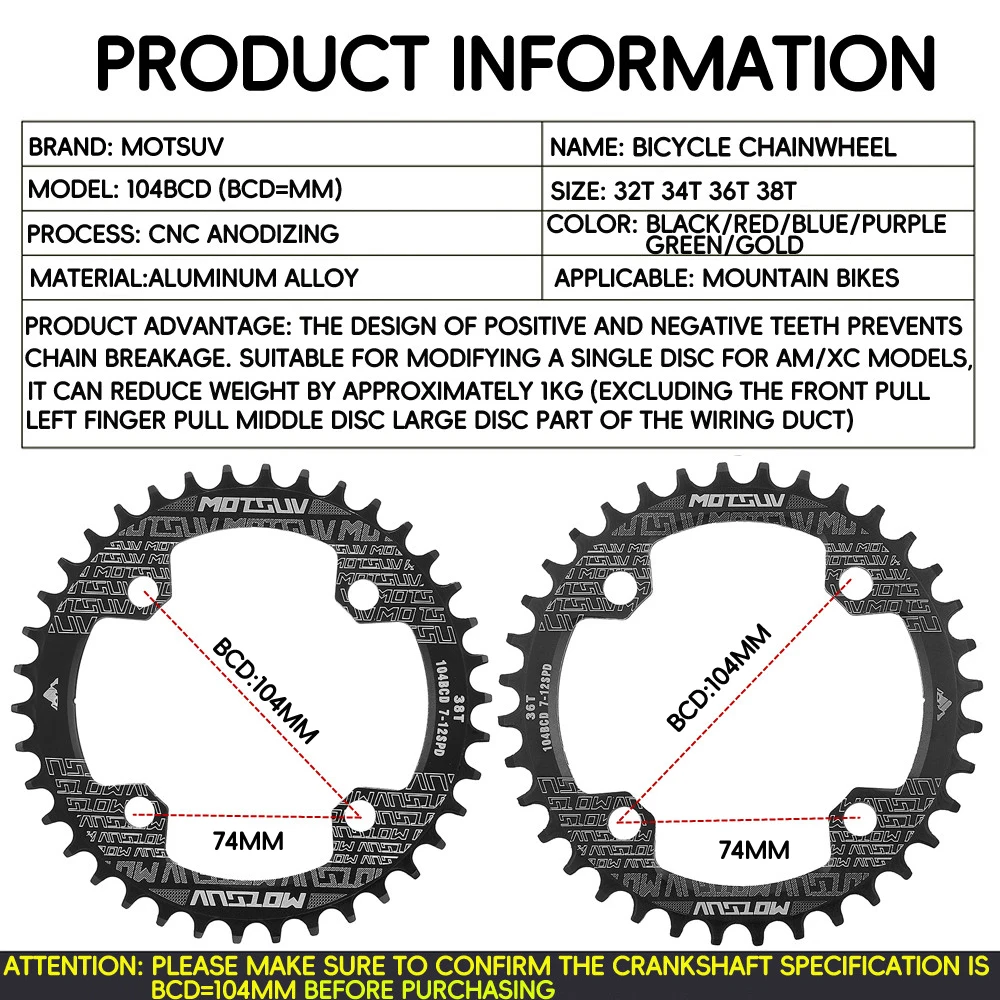 Motsuv fiets 104 bcd crank smal breed kettingblad mtb fiets rond ovaal 32 t 34 t 36 t 38t fietsen aluminiumlegering kettingblad onderdeel