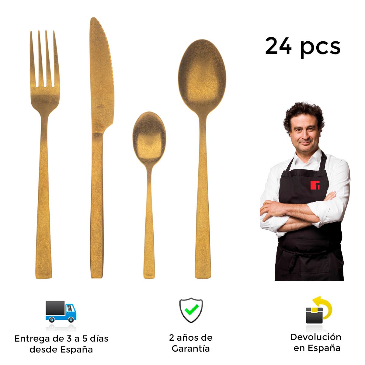 Set Van 24 Stuks Gold Bergner Livorno Bestek, Roestvrij Staal, Elegante, Sterke, Duurzame comfortabele Grip, Eenvoudige Reiniging, Bestek, Roestvrij Staal Bestek