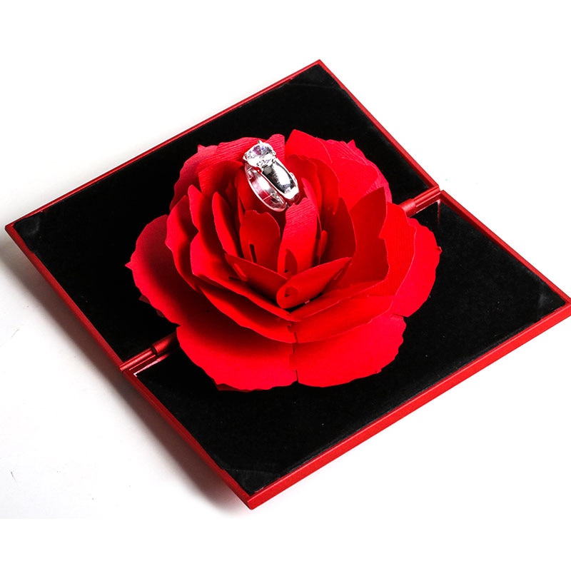 3D Rings Joyful Red Box Wedding Engagement Case Rose Flower For Love Jewelry Display Storage Holder: Red Rose ring box