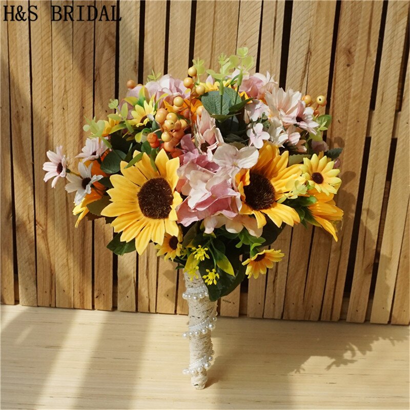 H &amp; S – bouquet de mariage avec poignée en dentelle, tournesol, fleurs de demoiselle d&#39;honneur jaunes, fleur artificielle de mariage