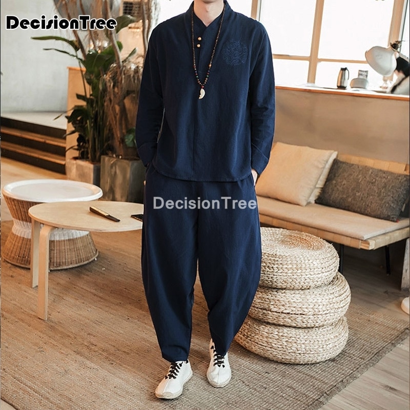 hommes traditionnel chinois ensemble à manches longues coton kungfu mandarin col dragon tang costume Kung Fu ensemble asiatique Taichi Tang costume