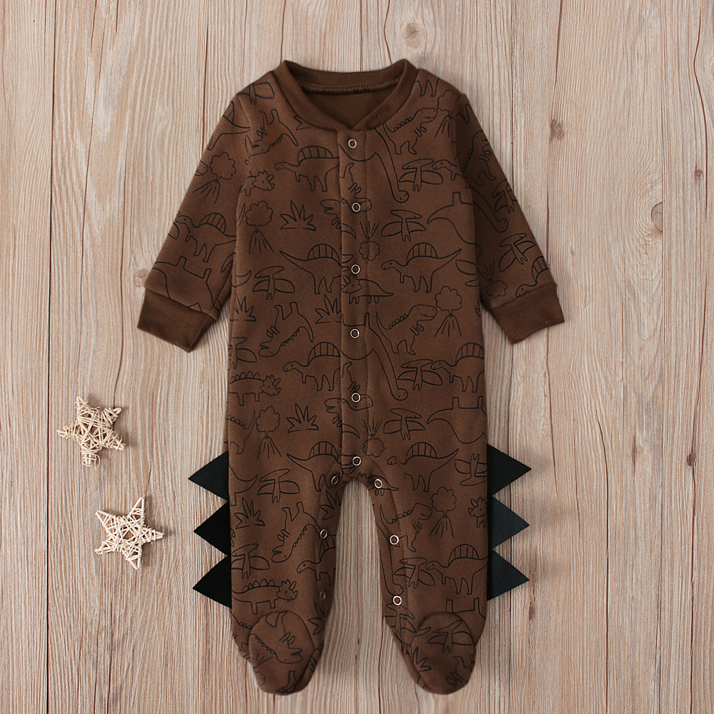 Baby Winter Betaalde Jumpsuit, Cartoon Dinosaurus Lange Mouwen Footies Footies Met Knoppen Voor Peuter Jongens, 2 Kleuren