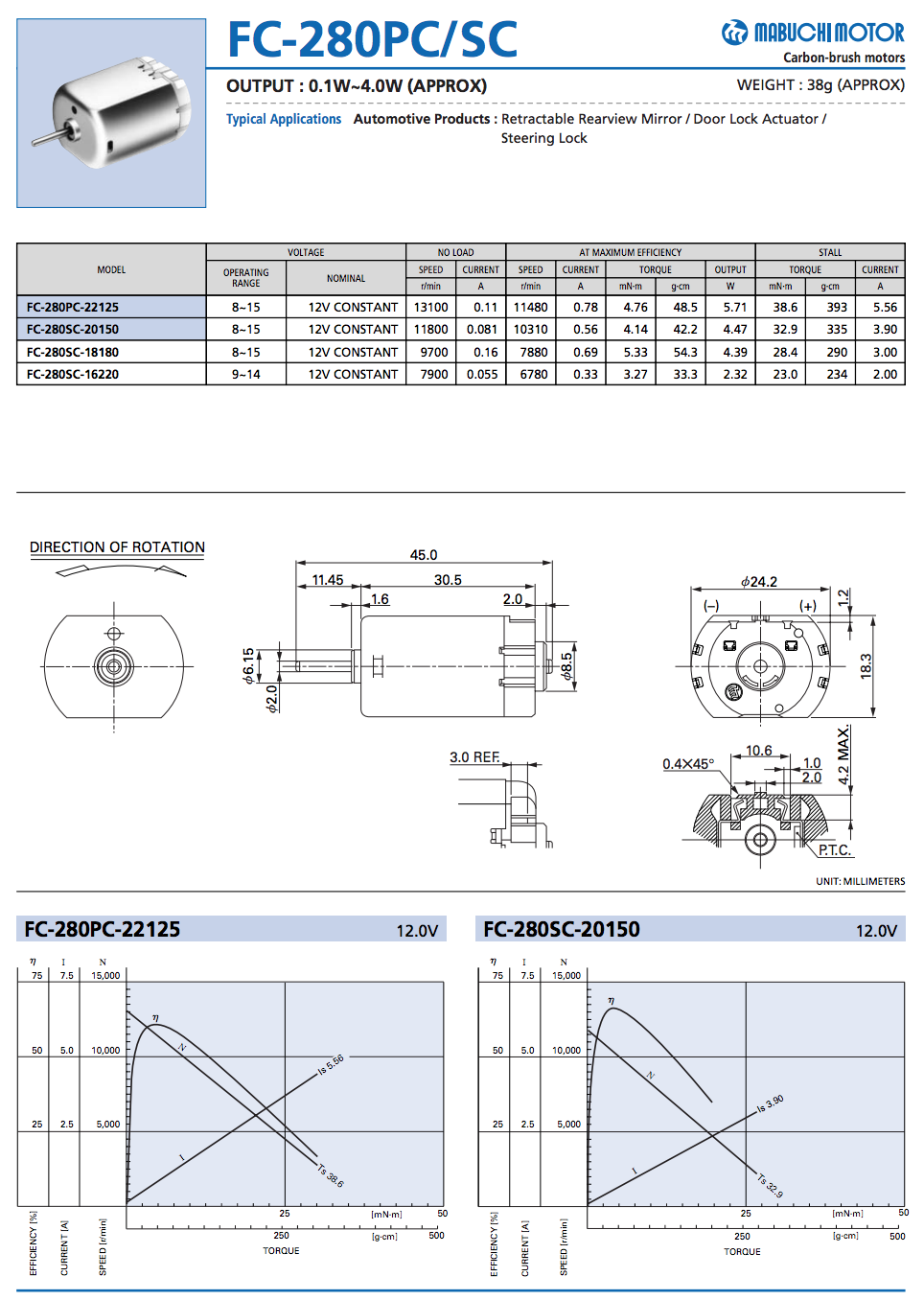Mabuchi – Micro moteur FC-280SC-18180 cc 12V 9700 tr/min, arbre en D pour serrure de direction de porte de voiture électrique, actionneur de rétroviseur