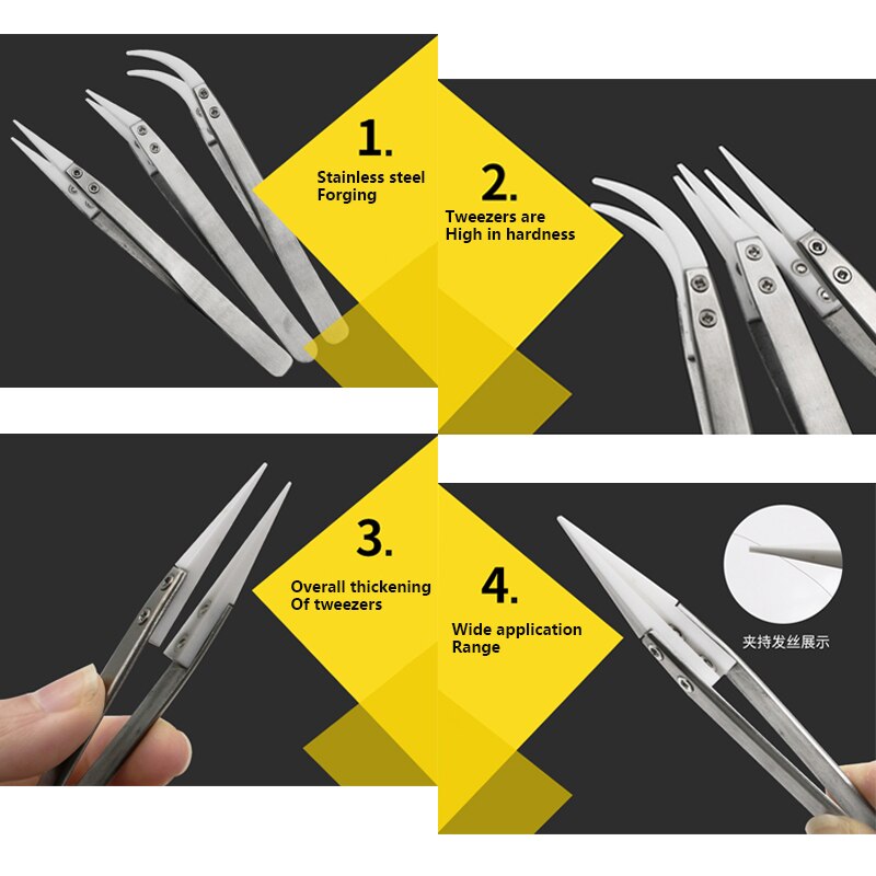 Szczypce ceramiczne zestaw antystatyczna antykorozyjna antymagnetyczna precyzyjna pęseta zestaw 3 sztuk