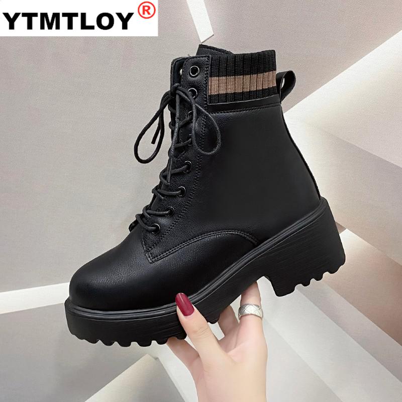 Novo preto branco chelsea botas femininas de couro de fundo grosso botas femininas plataforma dedo do pé redondo quente motocicleta ankle boots para mulher