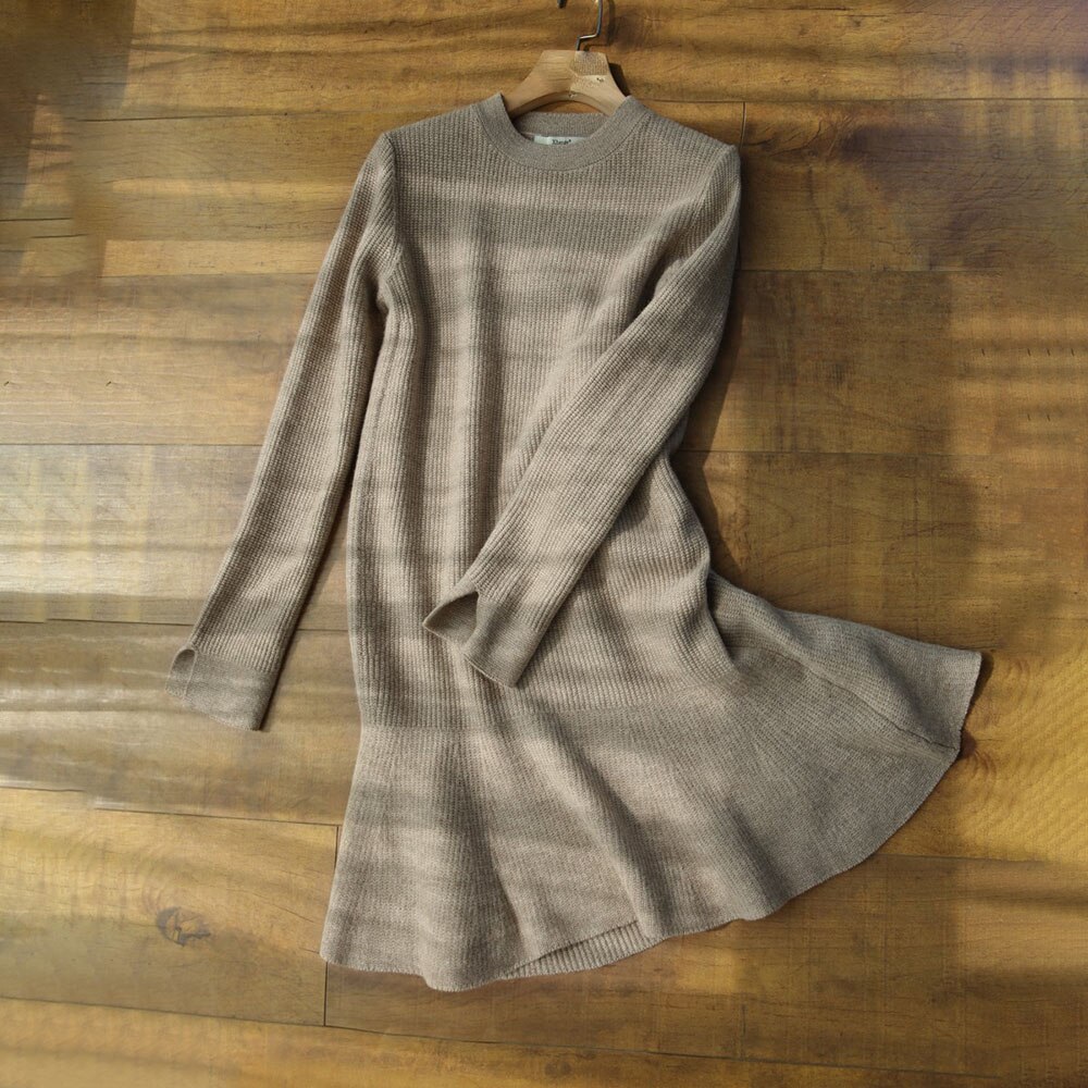 Vrouwen Trui Jurk Herfst Winter Lange Mouwen Ronde Hals Effen Kleur Ruches Zoom Gebreide Jurk Casual Vestidos Gewaden Koreaanse
