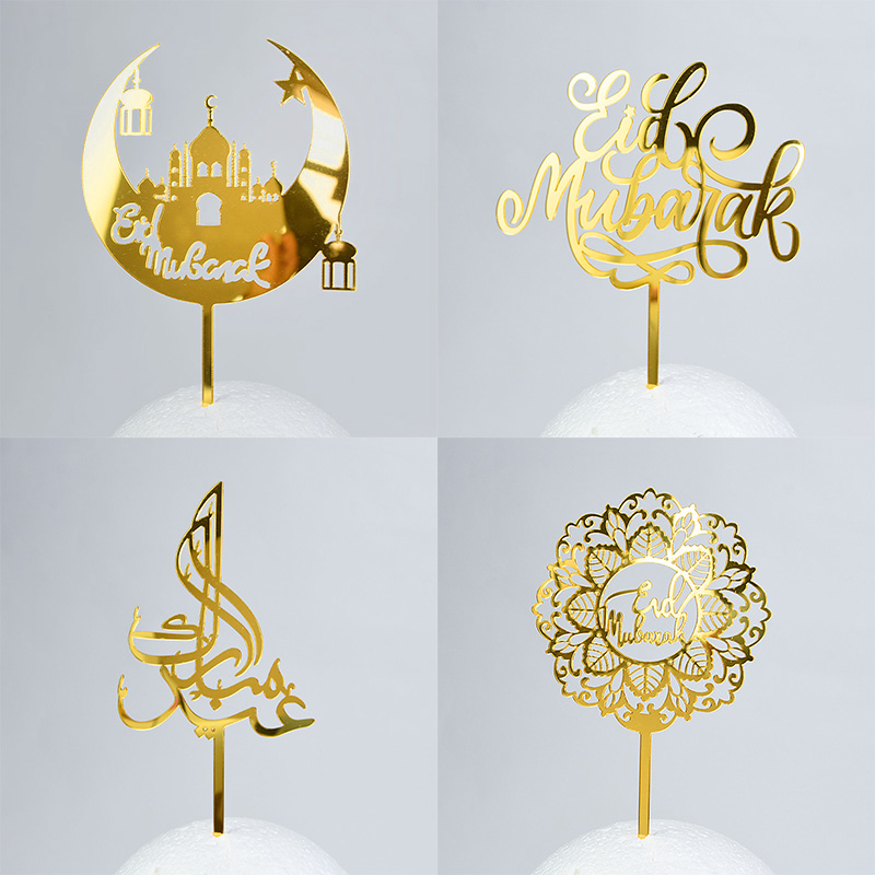 Eid Mubarak Cake Topper Gold Acrylic Moon Cupcake Topper for Ramadan Mubarak Cake Decorations Islamic Muslim Eid Baking Supplies