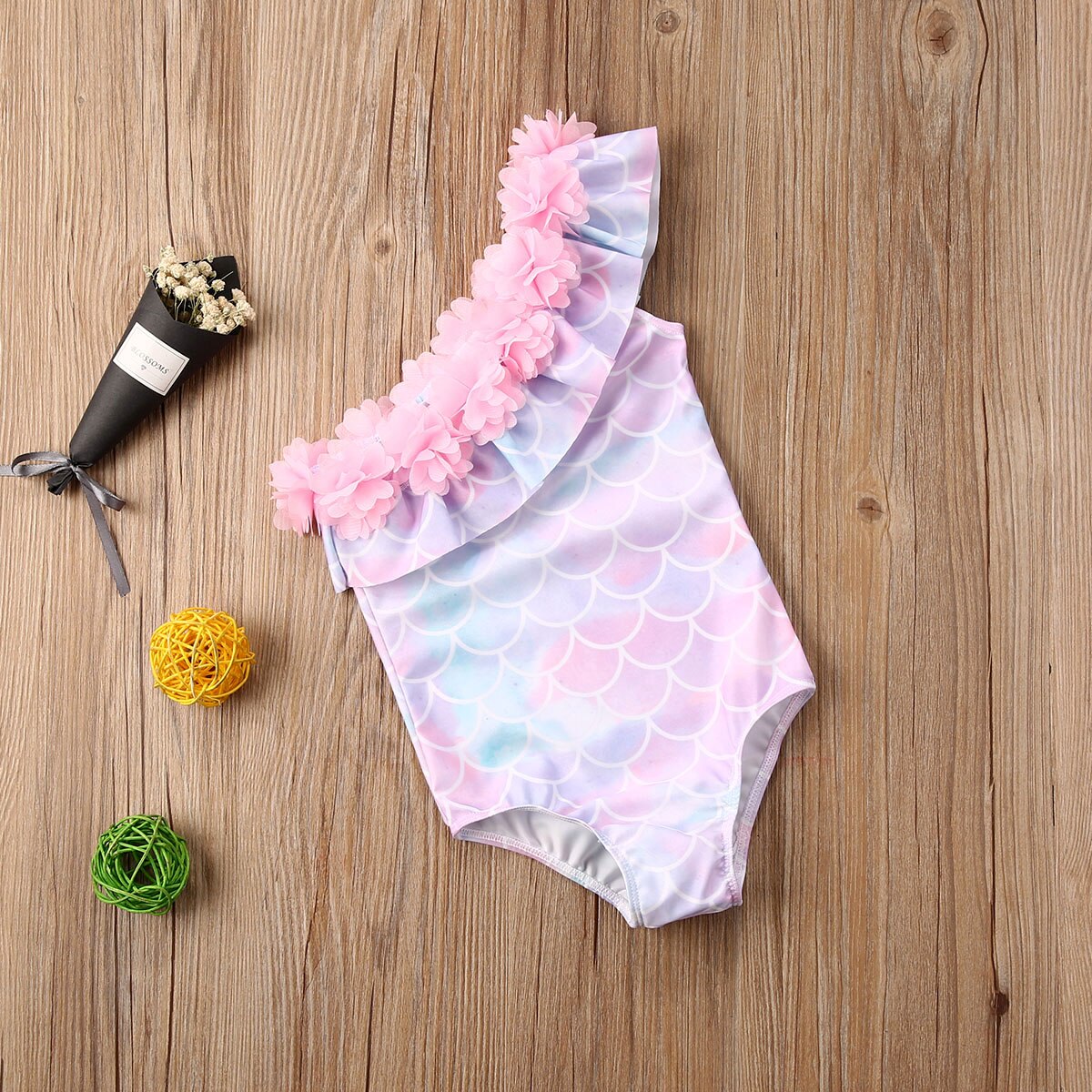 Children Mermaid Swimsuit Baby Girls Swimwear Summer Flower One Shoulder One Piece Bikini Kids Bathing Suit Beachwear