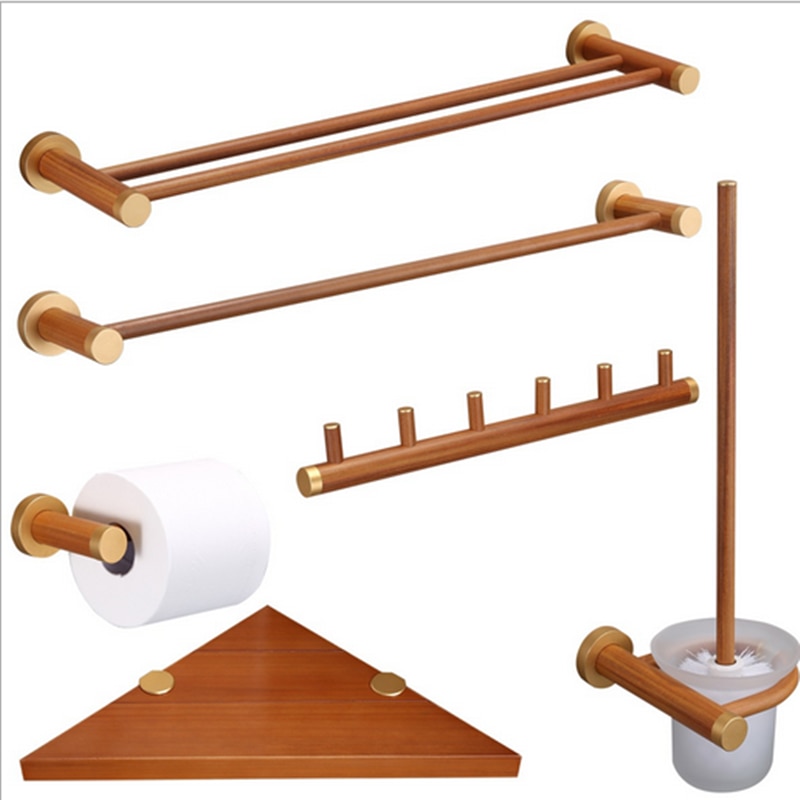 Houten handdoekhouder voor in de badkamer, set badkameraccessoires, toiletborstelhouder, set badkameraccessoires, toiletrolhouder voor aan de muur