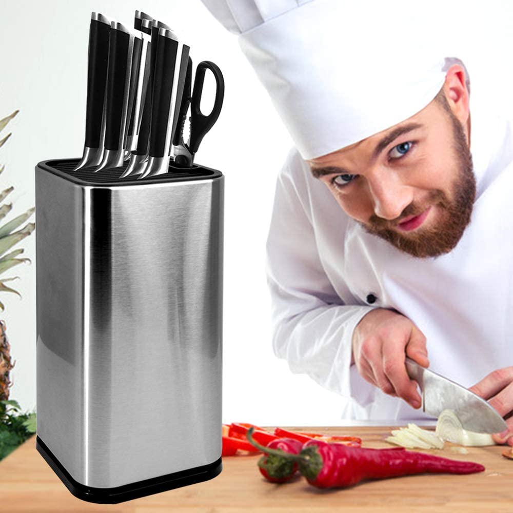 Universal Knife Block, Knife Holder For Kitchen Counter, Stainless-Steel Modern Rectangular with Scissors-slots