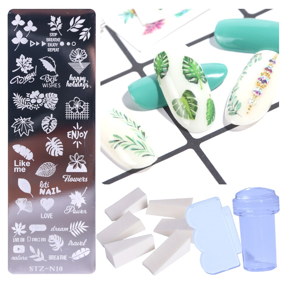 Pochoir pour ongles en dentelle, motifs de fleurs, papillons, feuilles, images d'animaux, tampons, grattoir, éponge, Kit d'outils BESTZN01-12: STZ-N10 Stamper Set