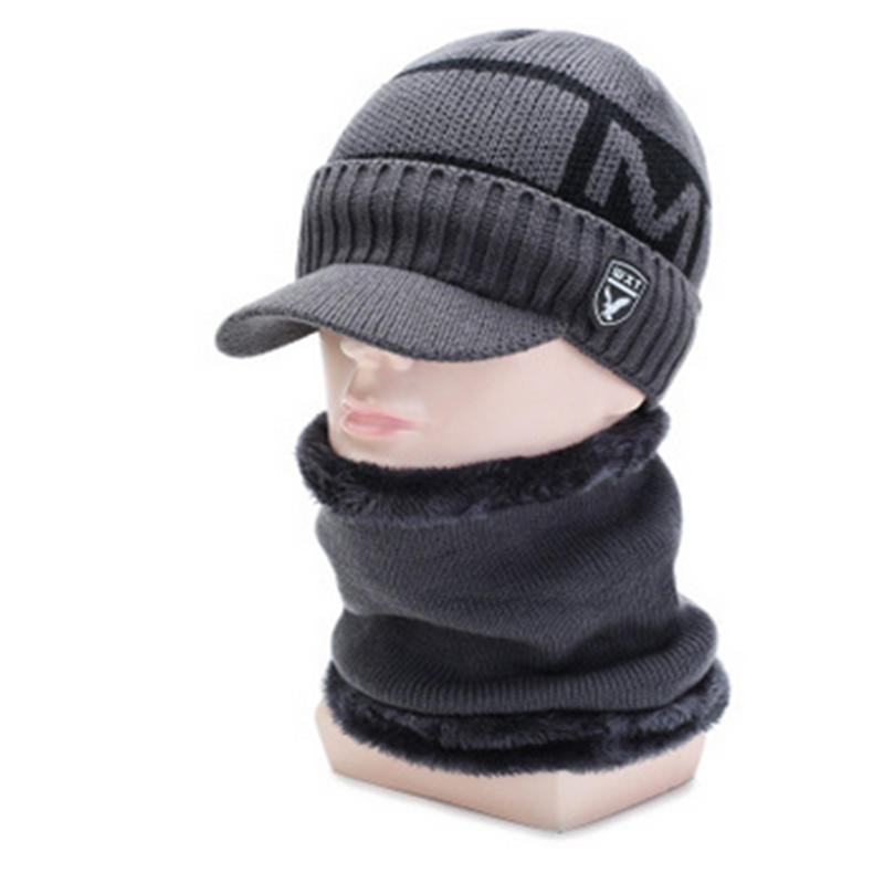 Menn kvinner termisk fleece foret lue lue varm strikket vinter ski lokk strikket hals varme 2 stk: Grå