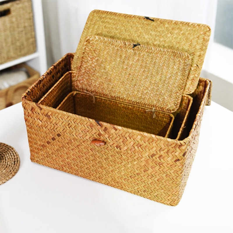 Gevlochten rieten opbergbakken, mandensets voor planken, set  of 3 verschillende maten, multifunctionele container met deksel