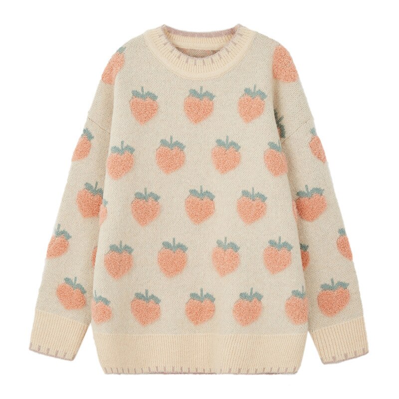 Primavera invierno dulce Lolita lindo Rosa dibujos animados fresa melocotón copo de nieve Knit mujeres Casual Pullover suéter suelto estilo largo Top