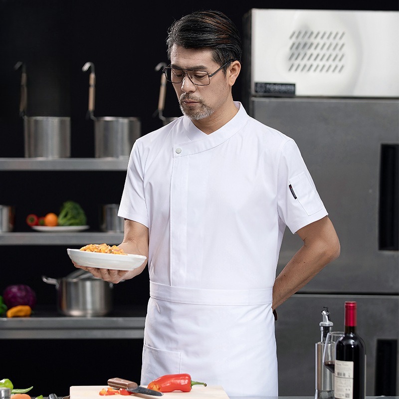 Chef Uniform Short Sleeve Summer Workwear Solid Color Slant Collar Unisex For Kitchen Staff