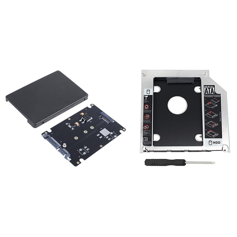 1 Pcs M.2 NGFF (SATA) SSD To 2.5 Inch SATA Adapter Card 8Mm &amp; 1 Pcs SATA 2Nd HDD HD SSD Enclosure Hard Drive Caddy Tray