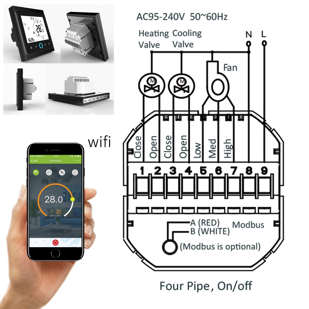 Wifi älykäs termostaatti 2p/4p keskusilmastoinnin jäähdytys-/lämmitysjärjestelmä puhallinkonvektoriyksikön huonelämpötilan säätimelle