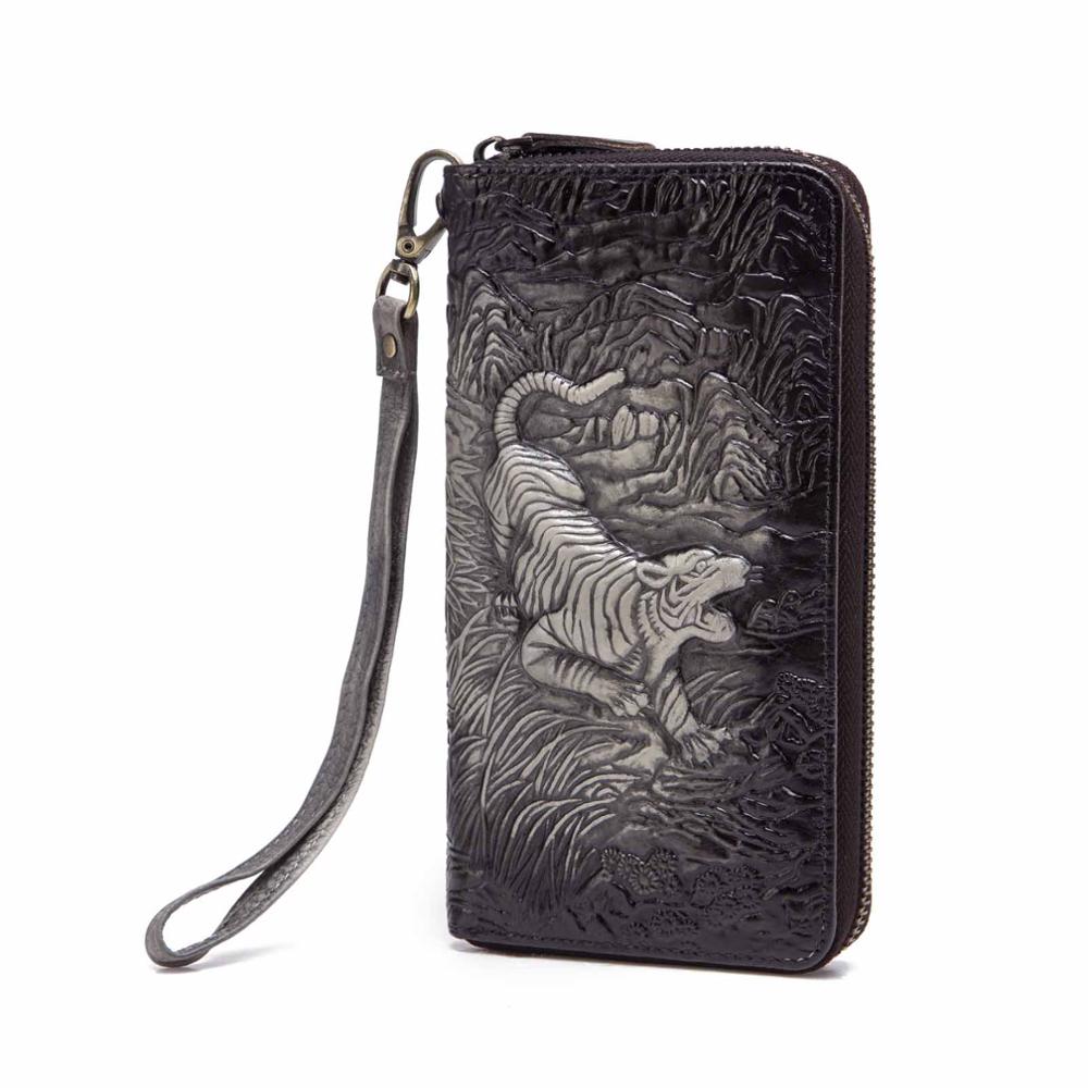 Unisex Top leather Card Holder Checkbook Zipper Around Organizer Chain Wallet Purse Clutch Handbag 1016: Tiger-Black