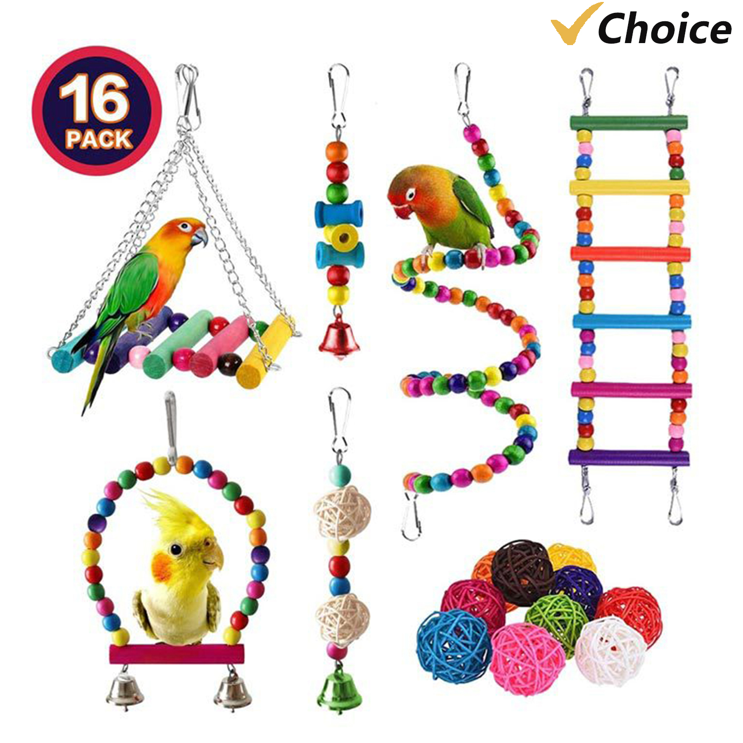 Juego de 16 paquetes de juguetes para loros, variedad de juguetes para jaula de pájaros, accesorios seguros y duraderos, juguetes para pájaros para cacatúas, periquitos