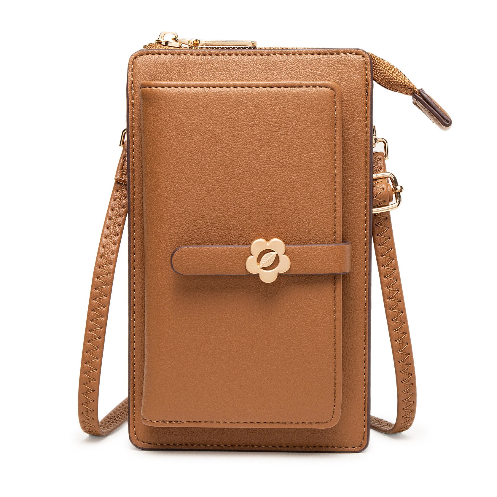 Borsa a tracolla da donna con tracolla singola con cerniera multifunzione in pelle morbida con touchscreen di grande capacità: Brown