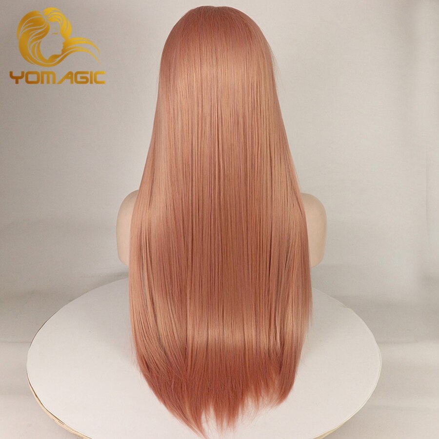 Yomagic Rose Pink Synthetic Hair Wigs with Natural Hairline Natural Looking Silk Straight Affordable Glueless Lace Wigs