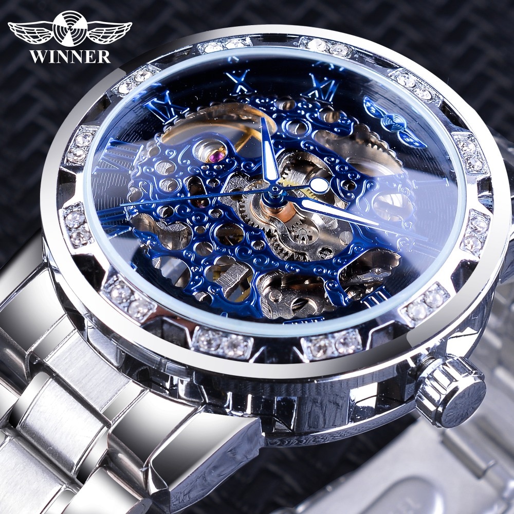 Winnaar Blauw Horloges Diamant Skeleton heren Mechanische Horloges Klok Mannelijke Lichtgevende Handen Zilver Rvs