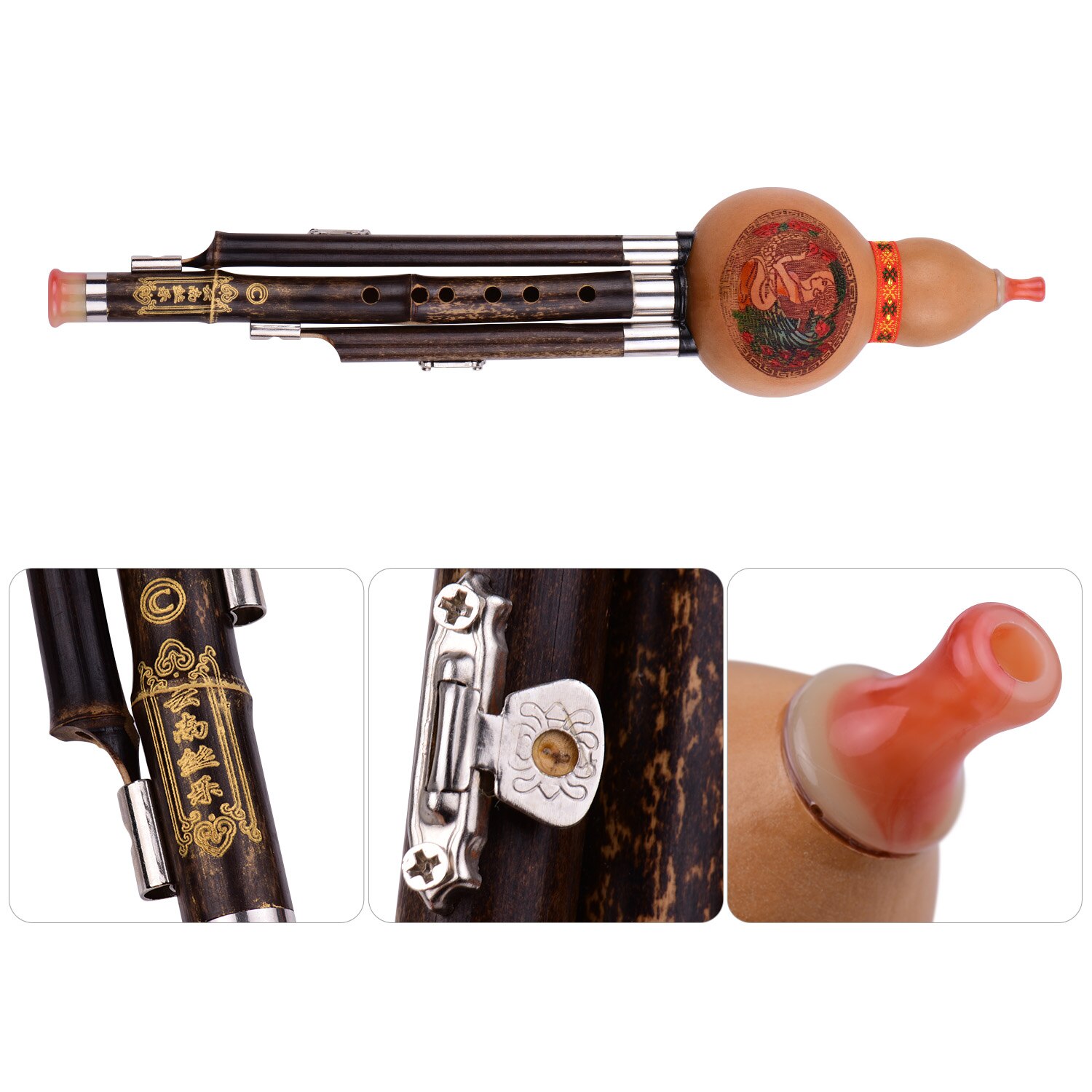 3- tons c-nyckel hulusi kalebass gurka flöjt svarta bambupipor traditionellt kinesiskt instrument med kinesisk knutfodral för nybörjare