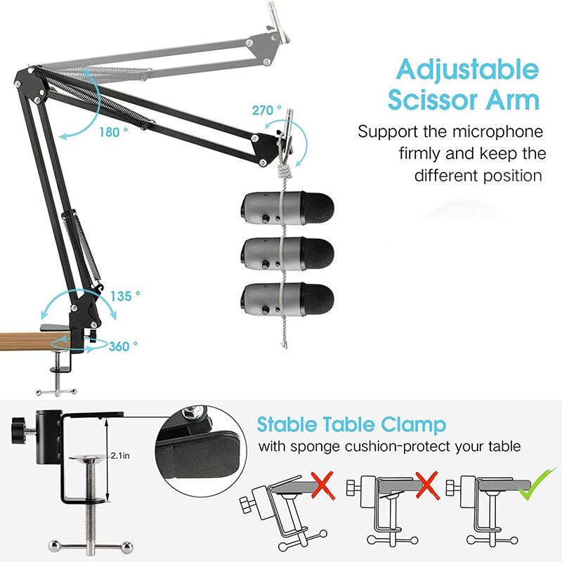 Pied de micro, Micro Perche avec Suspension Réglable Ciseaux Bras Support de Support Pour Téléphone, pour Blue Snowball Et d'autres Pri