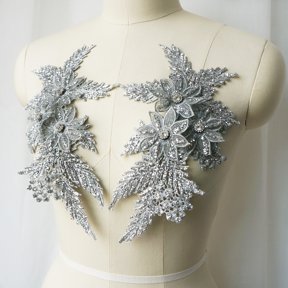 2Pcs Rhinestones Silver Sequin Embroidered Lace Applique Sewing Flower Fabric Patch Wedding Gown Bridal Dress Clothes DIY Crafts