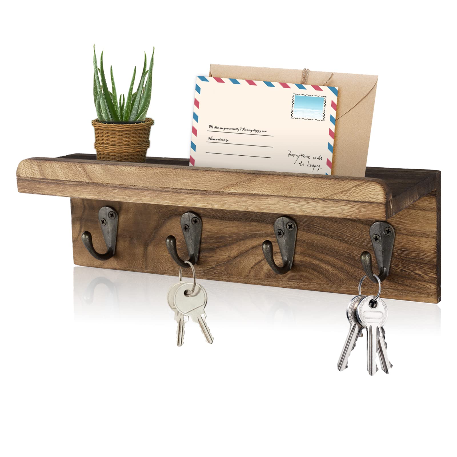 Portallaves de madera de granja, soporte de correo montado en la pared con 4 ganchos para llaves, estante decorativo de entrada para llaves, correa de perro