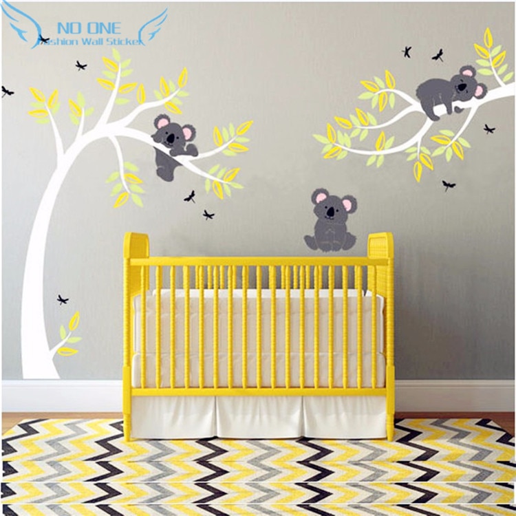 Koala y rama pegatina de pared Koala vinilo decorativo de pared de árbol con libélulas Koala oso pegatina de pared para bebé guardería, niños, habitación de los niños