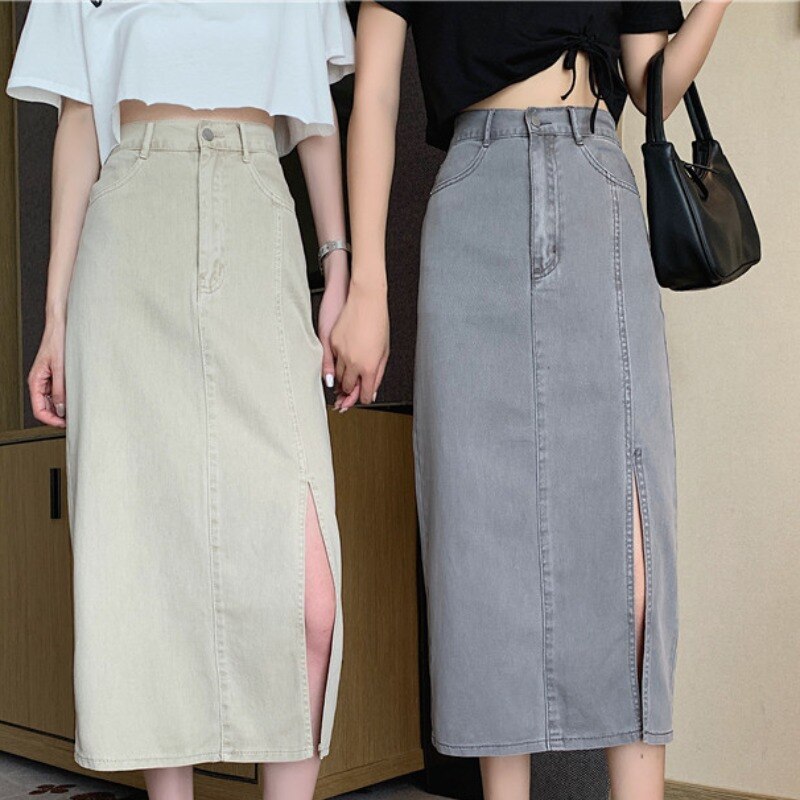 Koreaanse stijl hoge taille slanke midi rok split denim tas hip a-lijn rok voor vrouwen