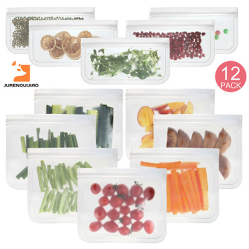 Bolsa reutilizable de silicona para alimentos, paquetes de PEVA para mantener la comida fresca, frutas, a prueba de fugas, con cierre, esmerilada, 12 unidades/juego
