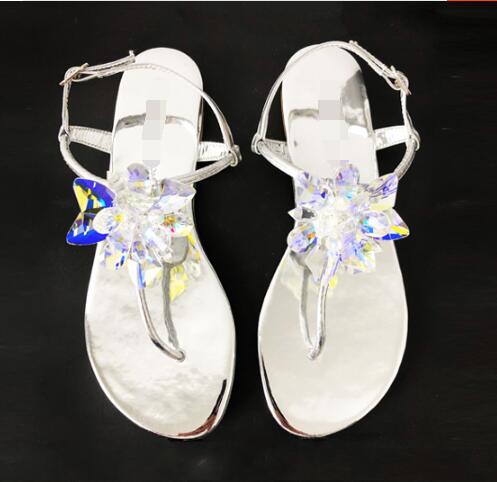 crystal Women flat sandals Rhinestone flat sandals women Summer beach flip flops sandals T strap flat crystal sandal woman beach: Silver / 34