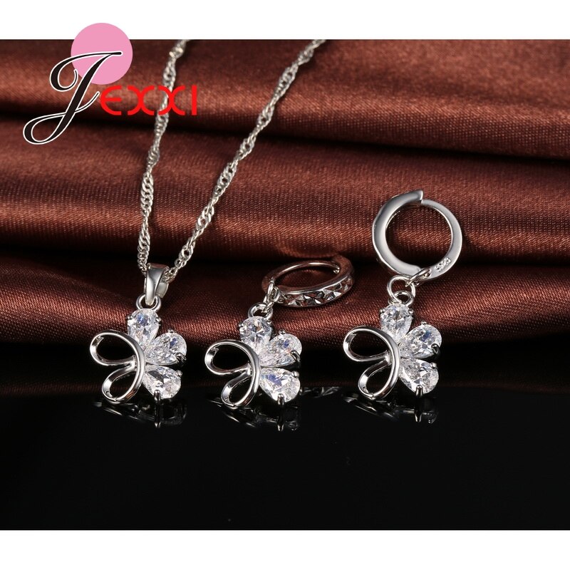 Top Verkoop Vrouwen Novel Bloem 925 Sterling Zilveren Sieraden Sets Oostenrijkse Kristal Ketting Oorbellen Set Hanger Kettingen