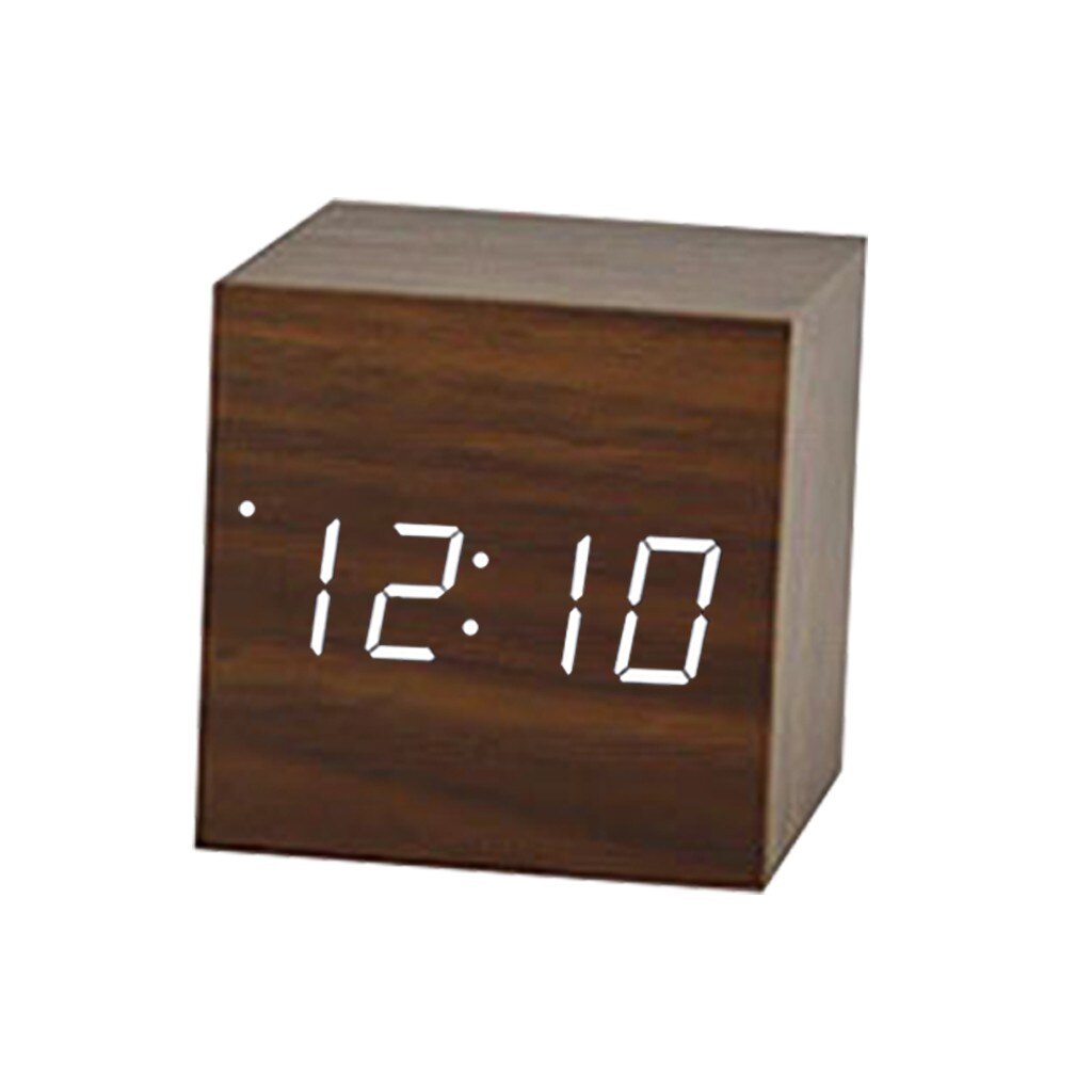 Voice Control Led Clock Luminous Square Wooden Clock Wooden Alarm Clock Silent Temperature Alarm White/Black/Brown: Brown