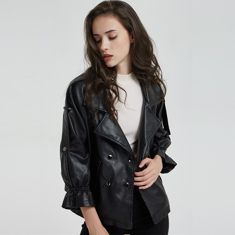 Flare Sleeve Faux Leather Jacket Women Double Breasted Short Punk Style Jackets Female Bomber Basic Outwear