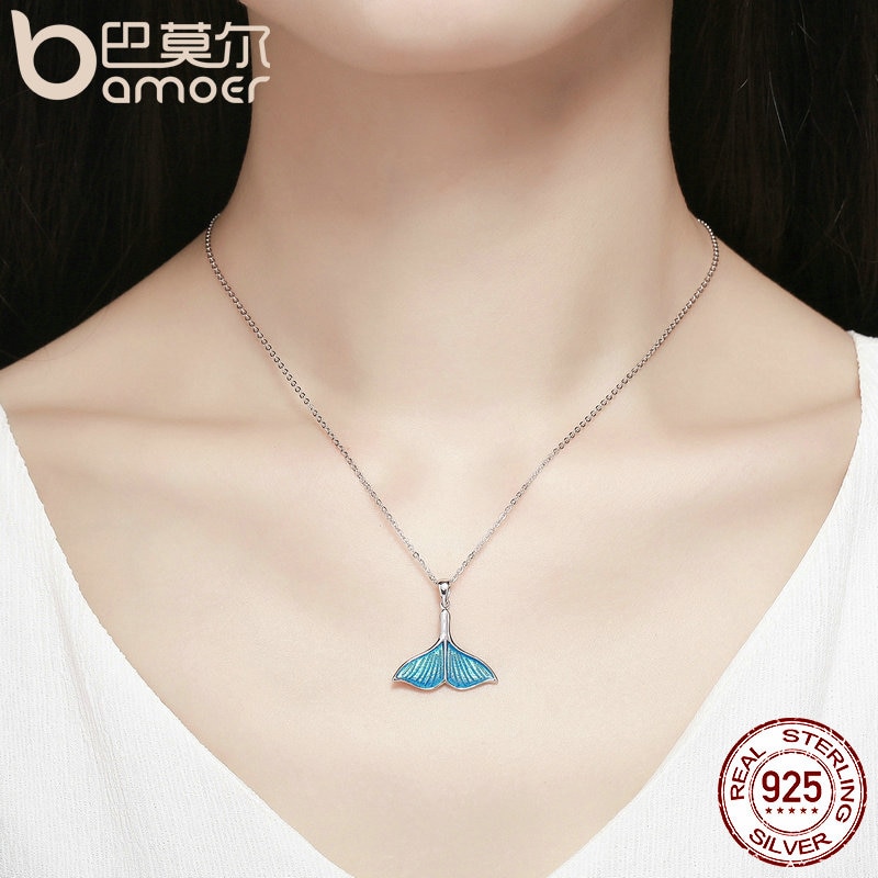 BAMOER 925 Sterling Silber Ozean Meer Blau Emaille Fisch Wal Schwanz Meerjungfrau Anhänger Halsketten Frauen Silber Schmuck Brincos SCN096
