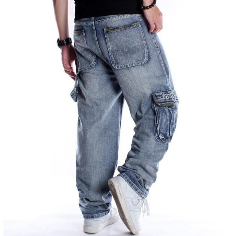 Baggy style mænds jeans hiphop løse store lomme drenge skateboard rap punk distressed blå cowboybukser plus størrelse 46