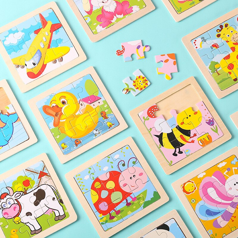 Puzle de madera de juguete para niños, 9 piezas, 3D, mini tamaño, dibujos animados, animales, tráfico, tangram, puzzle, educación