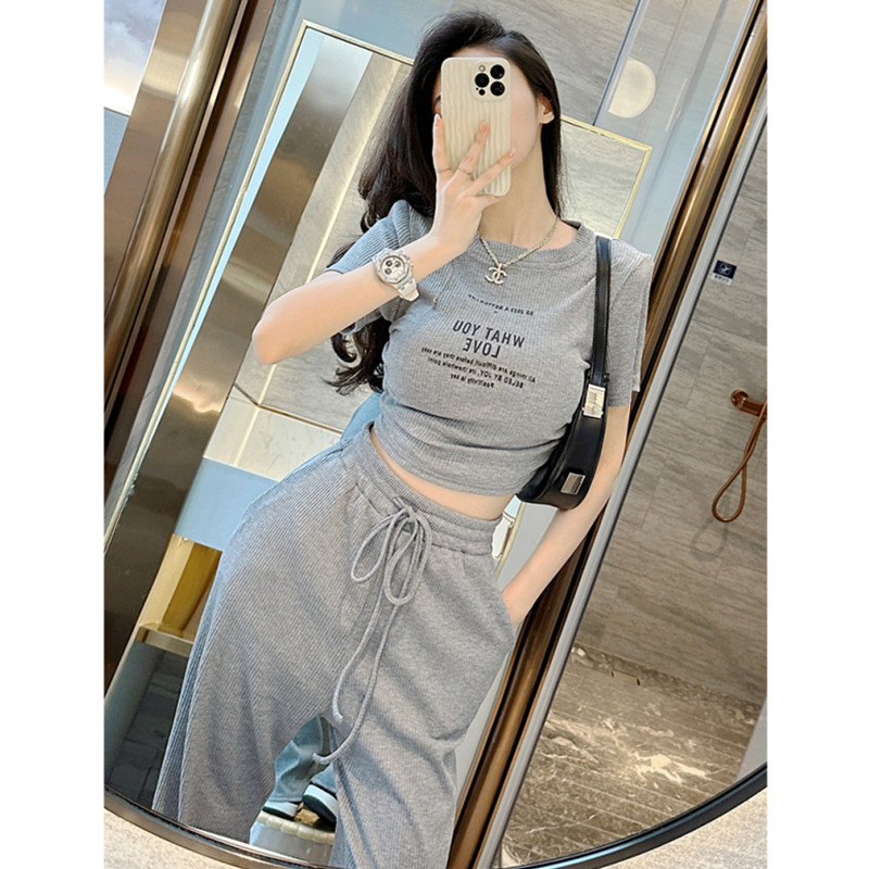 Summer casual sports style spicy girl sexy short sleeved top+fashionable wide leg pants two-piece set: XXL / Blue